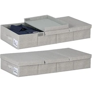 Relaxdays Unterbettkommode 2er Set, 50 L, mit Deckel, HxBxT: 15x80x40 cm, faltbar, Unterbettbox flach, PP, Pappe, grau