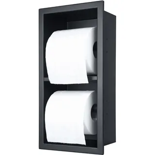 IKITRAEE Einbau Edelstahl WC-Doppel-Toilettenpapierhalter mit Aufbewahrung – Multifunktionaler Unterputz-Wandnischenhalter für 2 Rollen, Matt Schwarz, 34 x 17.9 x 10 cm