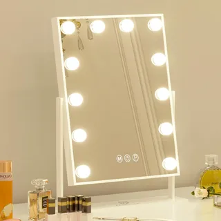 FENCHILIN Hollywood Spiegel Schminkspiegel mit Beleuchtung 12 dimmbare LED Lampen 360° Drehbar Kosmetikspiegel mit 3 Lichtfarben 10x Vergrößerung Touch-Steurung Weiß 30x41 cm