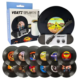 12er Set Bechermatte im Retro-Vinyl-Design mit Ständer – Kreatives Geschenk für Musikliebhaber – Coole Wohndeko für Geburtstag, Einweihung & Weihnachten (12 Sitzplätze)