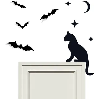 BMGRKYQX Halloween Deko Tür Innen Türrahmen,Halloween Türdeko aus Holz,Schwarze Katze+Mond+3Stk Sterne+12Stk Fledermäuse,Schwarz Wanddeko für Tür Originelle Türecke Deko
