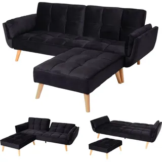 Mendler Schlafsofa HWC-K18 mit Ottomane, Couch Sofa Gästebett, Schlaffunktion 218x175cm - Samt schwarz