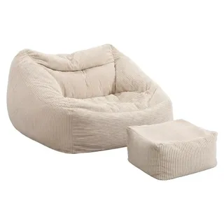 HOME DELUXE - Sitzsack COZY mit Hocker - Stoff: Samt Cord, Farbe: Beige - Maße: 100 x 88 x 80 cm, inkl. Füllung I Sitzmöbel Bean Bag Sitzsäcke - Beige