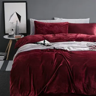 Michorinee Winter Plüsch Bettwäsche Set 135x200 Cashmere Touch Flauschig & Warme Coral Fleece Uni Bettbezug mit Reißverschluss - Weinrot | 135 x 200 cm + 80 x 80 cm