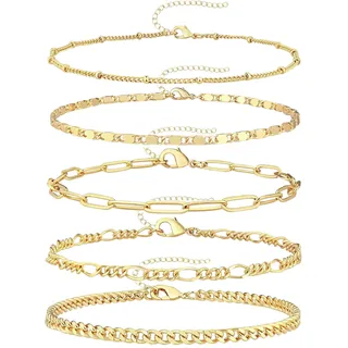 5-teiliges Gold Armband und Fußkette Set für Damen,Vergoldet Wasserdicht Fußkettchen für Damen,Goldschmuck Women's Anklets,Stapelbare & Verstellbare Schmuck im Cuban Link & Paperclip Stil für Frauen