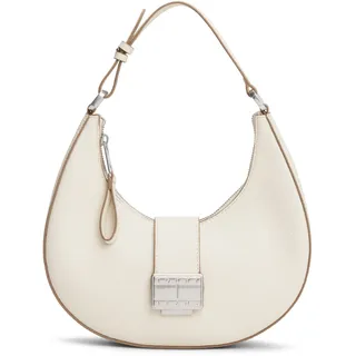 Schultertasche TOMMY JEANS "TJW CRUSH SHOULDER BAG", Damen, Gr. B/H/T: 25,5cm x 22,2cm x 6,5cm, creme, Lederimitat, Taschen Schultertasche, Damen Hobo, Umhängetasche, Tragetasche mit Logo-Schmuckelement
