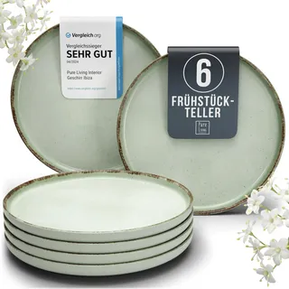 Steingut Frühstücksteller 6 Personen Rustic TESTSIEGER, Hochwertiges Landhaussttil Steingut Dessertteller Set, Kleine Teller, Salatteller - Pure Living in Mintgrün
