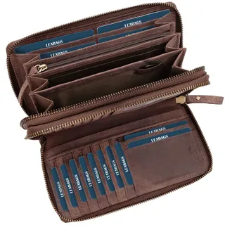 LEABAGS Leder Geldbörse Damen - Portemonnaie Gross mit RFID Schutz, Echtleder XXL Geldbeutel Damen Groß, 29 Kartenfächer Portmonee mit Münzfach, Doppelter Reißverschluss( Nature Dunkelbraun)