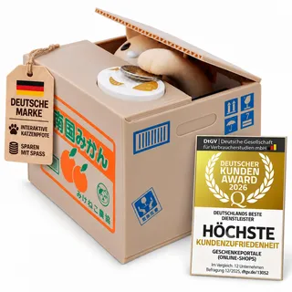 GOODS+GADGETS® Elektronische Spardose Katze 14x12cm Lustiges Sparschwein | Motiviert spielerisch zum Sparen, automatische Itazura Pfötchen-Funktion, 14x12x10cm Kiste, coole Sparbüchse für Euro Münzen