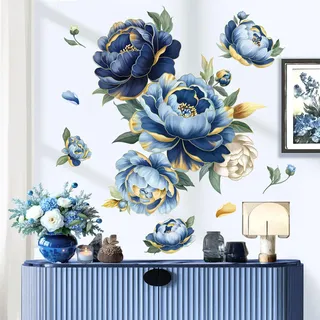 decalmile Wandsticker Blumen Blau Pfingstrose Wandtattoo Gold Blätter