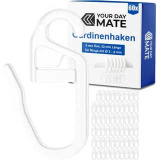Vorhanghaken für Gardinen Ringe, 60 Stück, mit Ø 4 mm Öse, für Gardinenringe mit 3 bis 4 mm, in Transparent, Gardinenringe Haken zum Einhängen, Faltenlegehaken für Vorhangringe, Vorhang Haken Clip