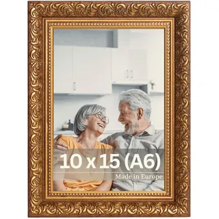 VictoR Vintage Bilderrahmen „Rubens“ in 10x15 cm (A6) Braun Gold - Leiste: 30x20mm - Echtglas - Fotorahmen Barock - Antik - Bilderrahmen 10x15 Vintage