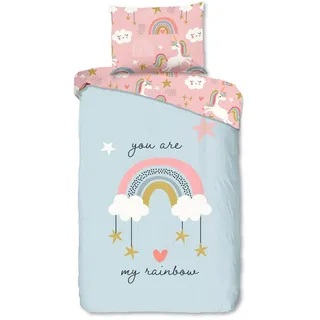 Kinderbettwäsche , Hellblau, Hellrosa , Textil , Regenbogen , 140x200 cm , Oeko-Tex® Standard 100, BCI (Better Cotton Initiative) , atmungsaktiv , Heimtextilien, Bettwäsche & Leintücher, Kinderbettwäsche