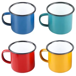 Emaille Tasse 4er-Set, 350 ml Tragbar und Mehrweg Emaille Becher, Porzellan Kaffeetassen Teetassen, Rot/Blau/Grün/Gelb Leicht Camping Tasse für Daheim, Party, Büro, oder Camping