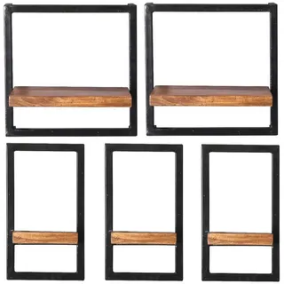 Mid.you Wandregalset , Naturfarben, Schwarz , Holz, Metall , 5-teilig , Mangoholz , massiv , 5 Fächer , 75x75x25 cm , Wohnzimmer, Regale, Wandregale