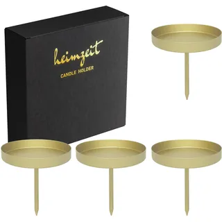 heimzeit Kerzenhalter zum Stecken für Stumpenkerzen bis Ø80 mm und Tischkerzen aus Metall [4 Stück, Rund] Farbe: Gold, Stilvolles Design, Kerzenstecker Adventskranz für eine Elegante Raumdekoration