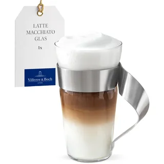 Villeroy & Boch - NewWave Latte-Macchiato-Glas 300 ml Klar, Spülmaschinenfest, Becher mit Henkel, Glas für Latte Macchiato, Cappuccino oder Eiskaffee, Kaffeeglas, Trinkglas, Borosilikatglas, Edelstahl