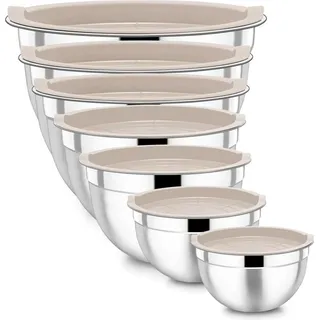 Homikit Edelstahl Rührschüssel Set 7-teilig Stapelbare Salatschüssel Luftdichtem Deckel - Silber