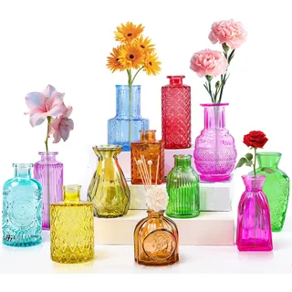 Jeffbaubl 12 Stück Farbigen Knospenvasen, Mini Glasvasen Set Bunte Blumenvasen in verschiedenen Formen, Kleine Tischvasen für Tafelaufsätze, Hochzeit, Party, Wohnzimmer Dekoration