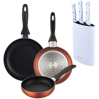 Well Home Set mit 3 Pfannen, Ø 16 x 20 x 24 cm, aus gepresstem Aluminium, kupfer-metallic + 3-teiliges Messerset mit Tacoma aus Edelstahl