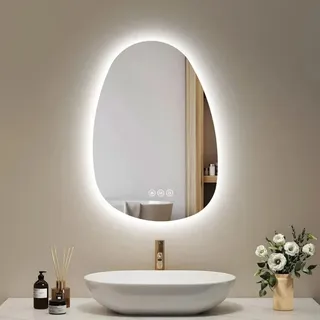 Emke LED Badspiegel mit Anti-Beschlag 65 x 45 cm Asymmetrisch Spiegel mit 3 Dimmbare Lichtfarben
