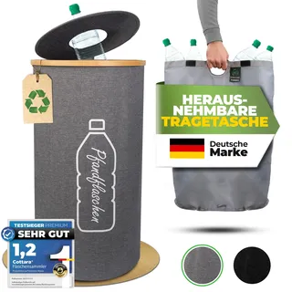 COTTARA® Pfandflaschen Sammelbehälter mit Bambusrahmen - extra stabil 80 L | Flaschensammler Leergut Behälter mit Tragetasche - Praktischer Pfandbehälter, Pfandsammler Pfandflaschen Aufbewahrung grau
