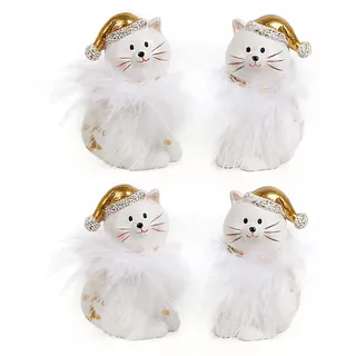 Katzen-Figuren, 4 Stück: Dekofiguren Winterkatzen, Weihnachtsfiguren mit Mütze, Figur Weihnachten & Winter, Weihnachtskatzen zum Hinstellen, Weihnachtsdeko Innen, Deko Fensterbank & Tisch, Weiß, 8 cm
