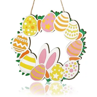 Türschild Türkranz Ostern Deko, Holz Osterei Kranz Wand Dekoration mit Hase Osterei Blumen, Holzschild Ostern zum Aufhängen Outdoor Indoor Party Home Dekoration Begrüßende Frühling Warme Atmosphäre