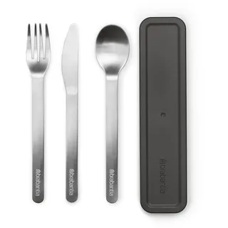 Brabantia - Make & Take Besteck-Set mit Etui - 3er-Set: Messer, Löffel & Gabel - Hygienisches, Kompaktes Design - Edelstahl - Spülmaschinenfest - Reisebesteck für 1 Person - Dark Grey