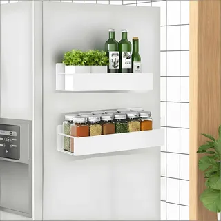 RichinMor Magnetische Regale Kühlschrank Weiß, 2 Stück Magnetisches Gewürzregal Kühlschrank mit 4 Haken, Metall Magnet Regal Kühlschrank Regal Magnetisch für Küche Aufbewahrung & Organisation, Weiß