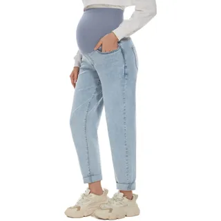 POSHGLAM Damen Umstandsjeans über Bauch Bequeme Stretch Boyfriend Jeans Denim Schwangerschaftshose S-XXL, Hell, blau, Groß