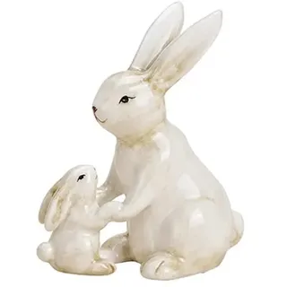 TEMPELWELT® Deko Figur Osterhase Hase mit Kind 11 cm, Keramik alt-weiß braun, Dekofigur Dekohase Hasenfamilie Osterdeko Osterfigur für Frühling Ostern Sommer