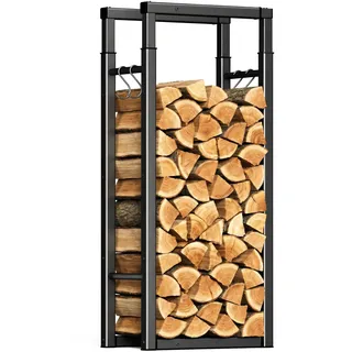 VOUNOT Verstellbare Kaminholzregal Metall, 9 Größen Einstellbar, Brennholzregal Feuerholzregal mit 4 Haken, Innen und Aussen, Schwarz