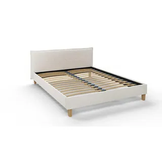 s-style möbel Polsterbett 160x200 Thea Weiß Boucle Stoff Füße aus Massivholz - Weiß