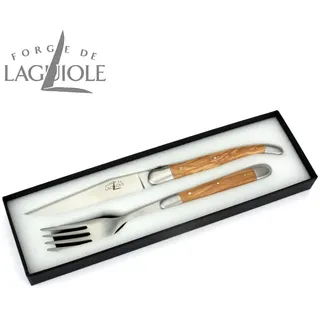 Forge de Laguiole - Steakmesser und Gabel je 1x im Set - Griff Olivenholz - Besteck Frankreich - Stahl satiniert
