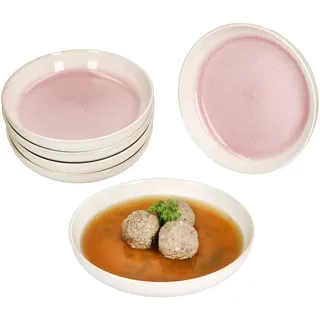MamboCat 6er Set Reactive Glaze Paris Suppenteller I 400 ml I Creme & Pink I Steingut-Teller für 6 Personen I Tiefe Teller für Salat, Pasta, Müsli & Co.