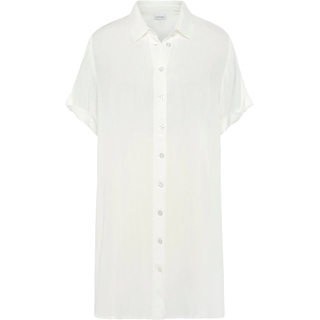 Longbluse LASCANA "aus weicher Crêpequalität", Damen, Gr. 38, weiß, Crêpe, Obermaterial: 100% Viskose, unifarben, figurumspielend kurz, mit Aufschlag, Blusen Longbluse, Lockeres Blusenkleid, Kurzarmbluse in langer Form, Strandkleid Tunika, Topseller