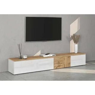 Lowboard OTTO HOME "ISEO, TV-Kommode,TV-Möbel,TV-Bank, 3 Fächer, Breite 210 cm", weiß hochglanz fronten, eiche wotan matt, B:200cm H:30cm T:35cm, Sideboards, Lowboard, stehend/hängend, 1 Klappe, 2 Türen Hochglanz lackiert, Made in Italy