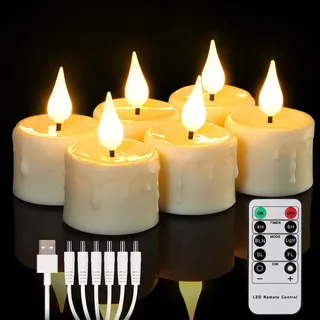 FREEPOWER 6er Aufladbare LED Teelichter mit Fernbedienung Timer Flackern Warmweiß Dimmbar Elektrische Wiederaufladbare Kerzen mit USB-Kabel, Halloween Weihnachten Familie Deko, Ø4x5.5cm