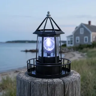 Hemobllo Leuchtturm Solar für Draußen, Drehbarer Solar Leuchtturm Außen Wetterfest, LED Maritime Deko Outdoor Garten Lampe für Balkon, Terrasse und Rasen, Schwarz
