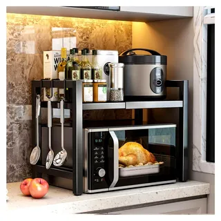 Erweiterbares Mikrowellenregal, Küchenregal über Mikrowellenständer, Küchenarbeitsplatten-Organizer für Luftfritteuse, platzsparende stehende Bäckerregale (Schwarz / 2-stufig)