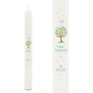 GRAVURZEILE Bedruckte Stabkerze - Lebensbaum - Personalisiert mit Name & Datum - Geschenk zur Taufe, Kommunion oder Konfirmation - Für Jungen & Mädchen - Altarkerze 400/40 mm - Farbe: Grün