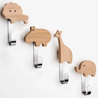 Garderobenhaken für Kinder aus Holz (Eiche). Kleiderhaken und Garderobe für Kinderzimmer. Hochwertige Wandhaken in Tiermotive Löwe, Giraffe, Elefant, Nilpferd (4er Set). Niedliche Kindergarderobe.