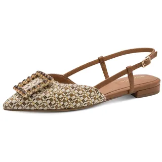 TAMARIS Slingpumps TAMARIS, Damen, Gr. 37, braun (natur kombiniert), Lederimitat, Textil, kontrastfarbene Details, Schuhe Slingpumps, Blockabsatz, Sommerschuh mit schickem Schmuckelement
