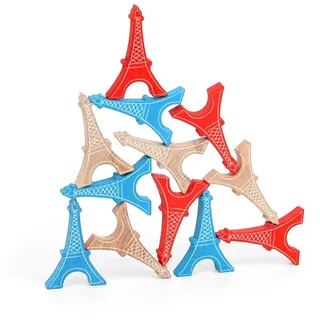 Eiffelturm Balancespiel 12-teilig aus Massivholz für Kinder ab 3 Jahren | 4 blaue Silhouetten, 4 rote und 4 natürliche Hölzer | Dreifarbiges Design | offizielle Pariser Partnerschaft | Geschenkidee