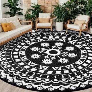 Capslpad Outdoor Teppich Rund 300 cm, Wetterfest Vorzeltteppich Camping Teppiche, Kunststoff Picknickdecke, Leichtgewicht Outdoorteppich für Balkon Picknick Camping Garten Terrasse Strand RV, Schwarz