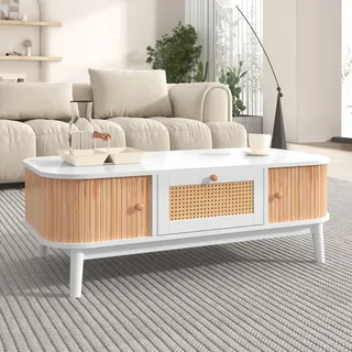 Sweiko Couchtisch-Rattan-Kaffeetisch,Schubladen mit Rattan und Schiebetüren mit Massivholzlatten,Massivholzbeine - Weiß