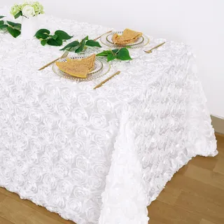 Fanqisi Weiße 3D-Blumen-Satin-Tischdecke, rechteckig, 228 x 332 cm, Rosetten-Tischdecke für Hochzeit, Babyparty, Tisch, Brautparty, Meetings, Veranstaltungen, Dekoration