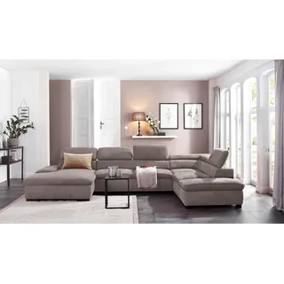 Wohnlandschaft HOME AFFAIRE "Alberto U-Form", grau (taupe), B:350cm H:73cm T:228cm, 90% Polyester, 10% Polyamid;Microfaser in Antiklederoptik (100% Polyester);Luxus-Microfaser Vintageoptik (100% Polyester);Luxus-Microfaser weich (90%Polyester 10%Polyamid), Sofas, Wohnlandschaft, mit Kopfteilverstellung, wahlweise mit Bettfunktion