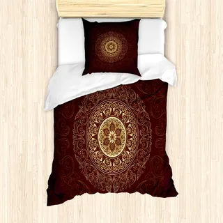 ABAKUHAUS Mandala Mantele, spiritiual Kultur, Milbensicher Allergiker geeignet mit Kissenbezügen, 135 cm x 200 cm - 80 x 80 cm, Chestnut Braun Gelb
